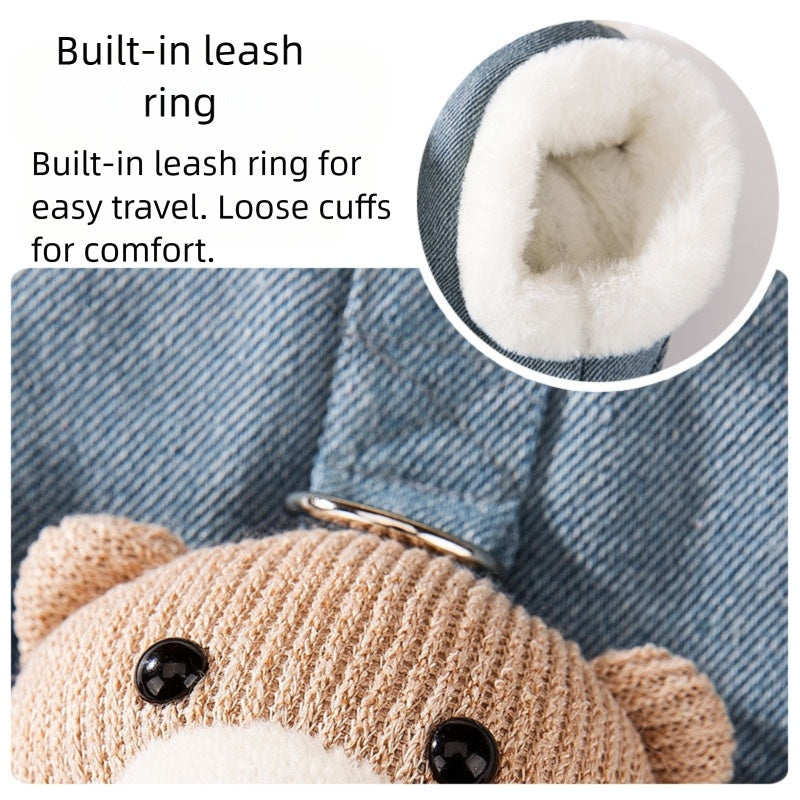 Autumn And Winter Korean-style Dog Pocket Three-dimensional Bear, Denim Towing Vest, Cat Cotton Coat, Warm Pet Dog Clothes - Majestic Pet Kingdom