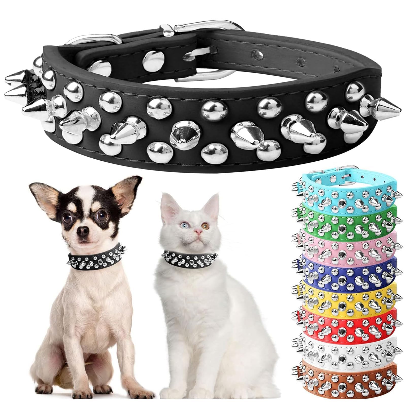 Small Spiked Black Dog Cat Collar For Small Medium Dogs Boy Male - Adjustable Studded Puppy Collars - Soft Padded Punk Leather Dog Collar For Chihuahua French Bulldog Pug - Majestic Pet Kingdom