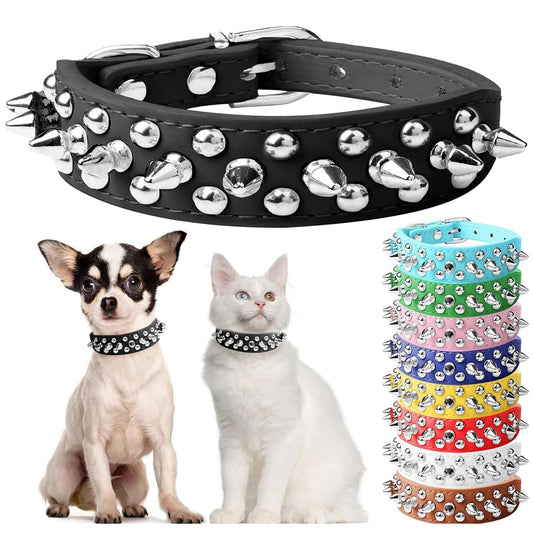 Small Spiked Black Dog Cat Collar For Small Medium Dogs Boy Male - Adjustable Studded Puppy Collars - Soft Padded Punk Leather Dog Collar For Chihuahua French Bulldog Pug - Majestic Pet Kingdom