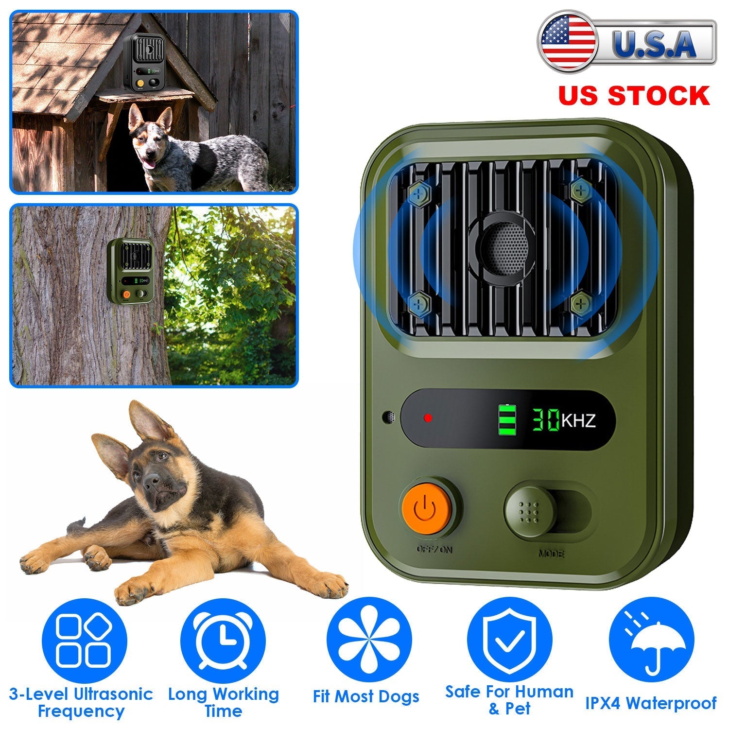 Ultrasonic Anti-Barking Device Rechargeable Auto Dog Bark Control Deterrent Box Training Device IPX4 Waterproof with 3 Frequency Max 32.8Feet Sensing - Majestic Pet Kingdom