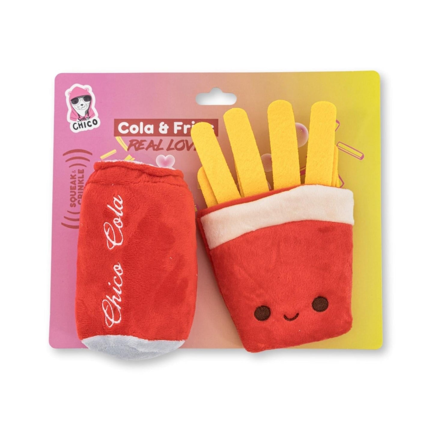 Dog Plush Toy Set Cola and Fries Squeaker Crinkle Fun 2-Pack - Main Feature View | Majestic Pet Kingdom