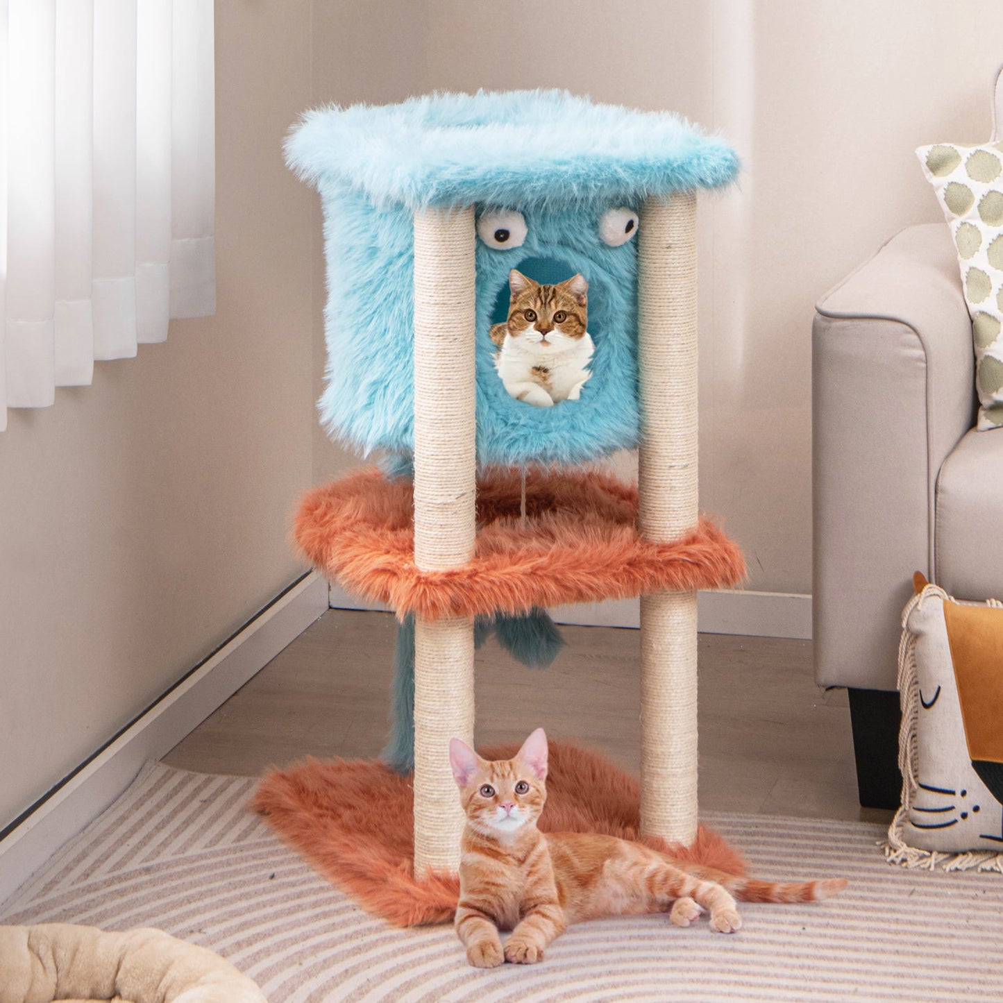 Cute Monster-Themed Cat Tower with Private Condo and Soft Long Plush-Blue | Purrfect Pet Kingdom