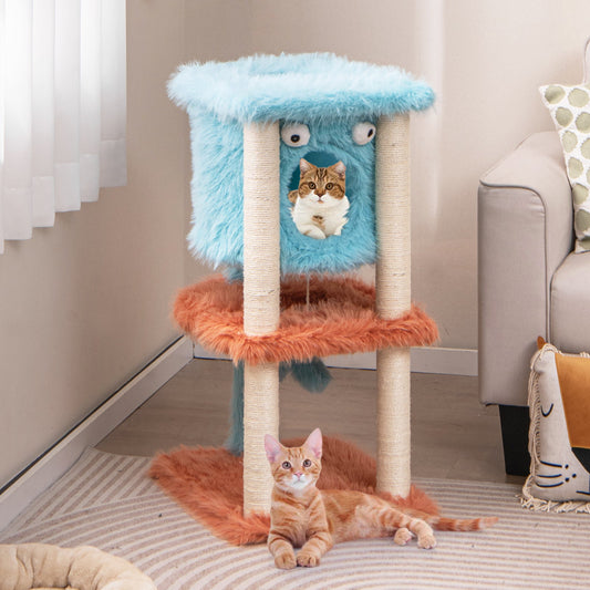 Cute Monster-Themed Cat Tower with Private Condo and Soft Long Plush-Blue | Purrfect Pet Kingdom