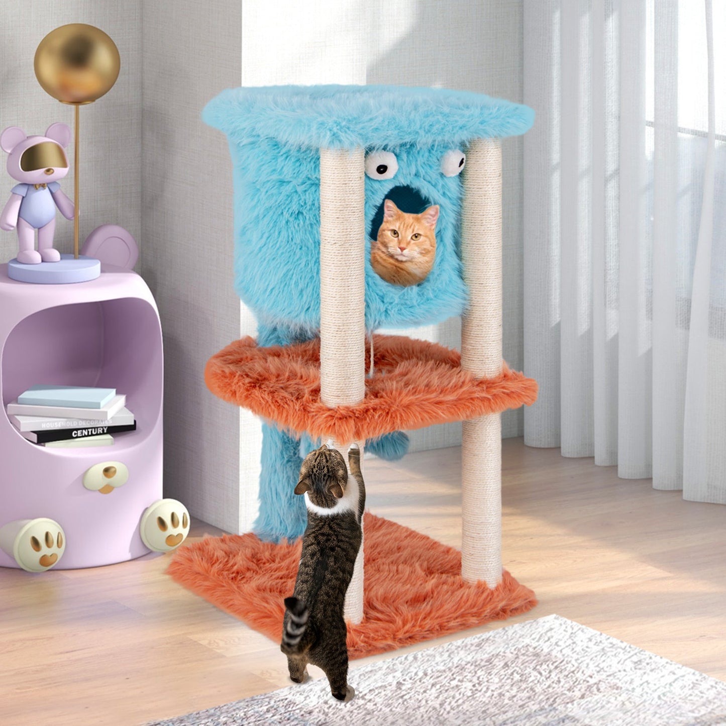 Cute Monster-Themed Cat Tower with Private Condo and Soft Long Plush-Blue | Purrfect Pet Kingdom