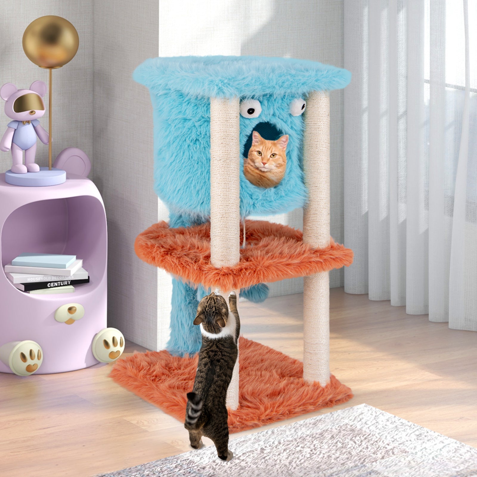 Cute Monster-Themed Cat Tower with Private Condo and Soft Long Plush-Blue | Purrfect Pet Kingdom