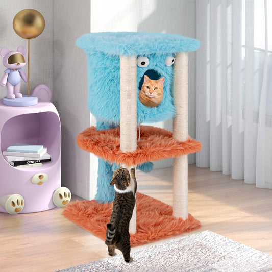 Cute Monster-Themed Cat Tower with Private Condo and Soft Long Plush-Blue | Purrfect Pet Kingdom