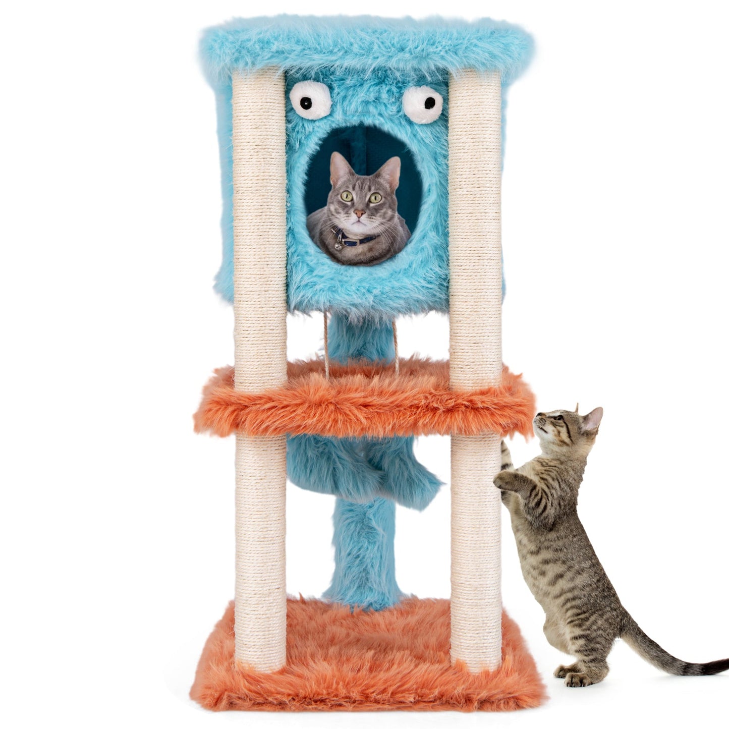 Cute Monster-Themed Cat Tower with Private Condo and Soft Long Plush-Blue | Purrfect Pet Kingdom