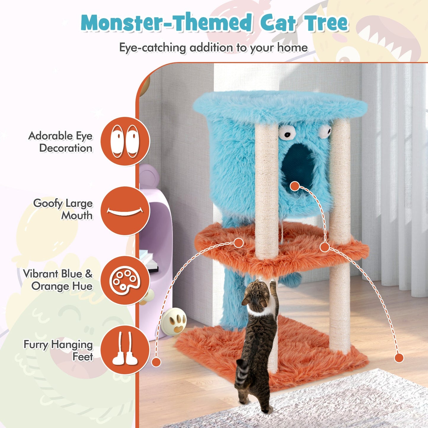 Cute Monster-Themed Cat Tower with Private Condo and Soft Long Plush-Blue | Purrfect Pet Kingdom