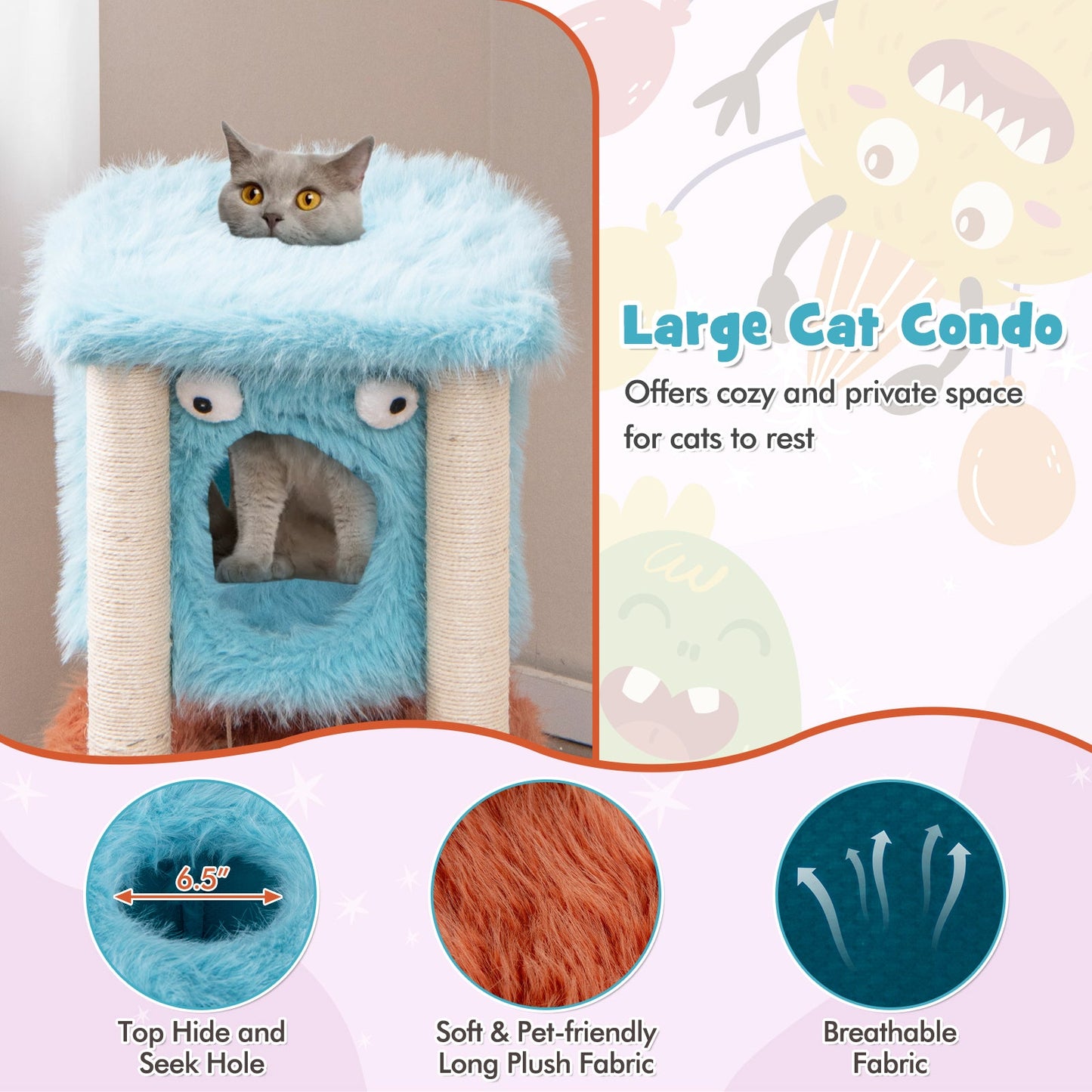 Cute Monster-Themed Cat Tower with Private Condo and Soft Long Plush-Blue | Purrfect Pet Kingdom