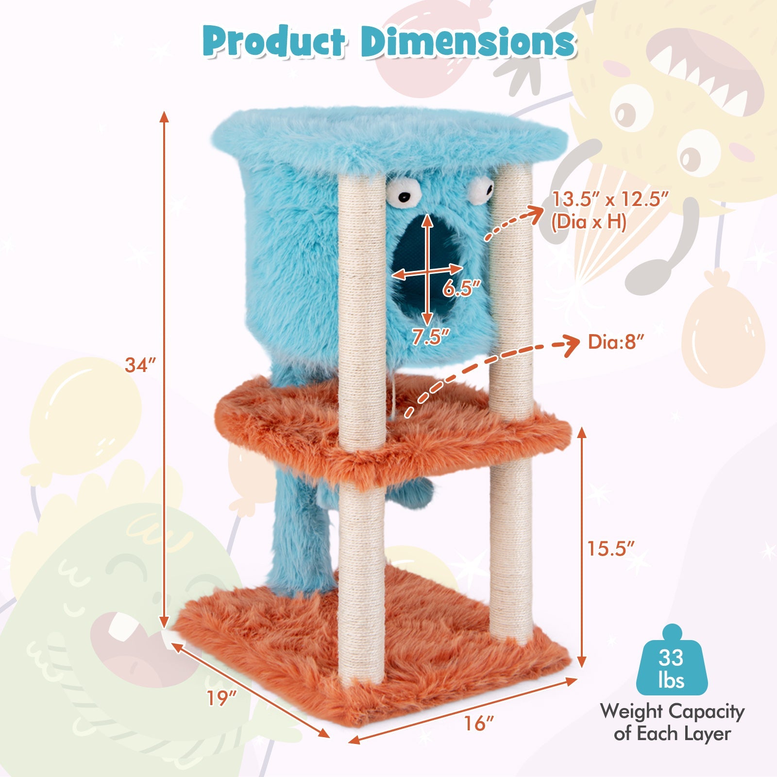 Cute Monster-Themed Cat Tower with Private Condo and Soft Long Plush-Blue | Purrfect Pet Kingdom