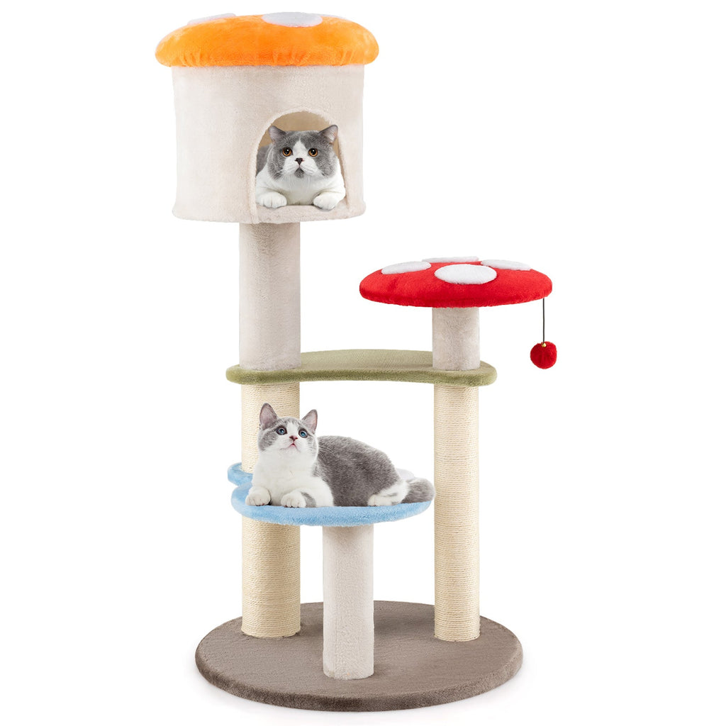 Cute Mushroom Cat Tree with Sisal Scratching Posts Top Condo and Padded Platforms-Multicolor - Majestic Pet Kingdom