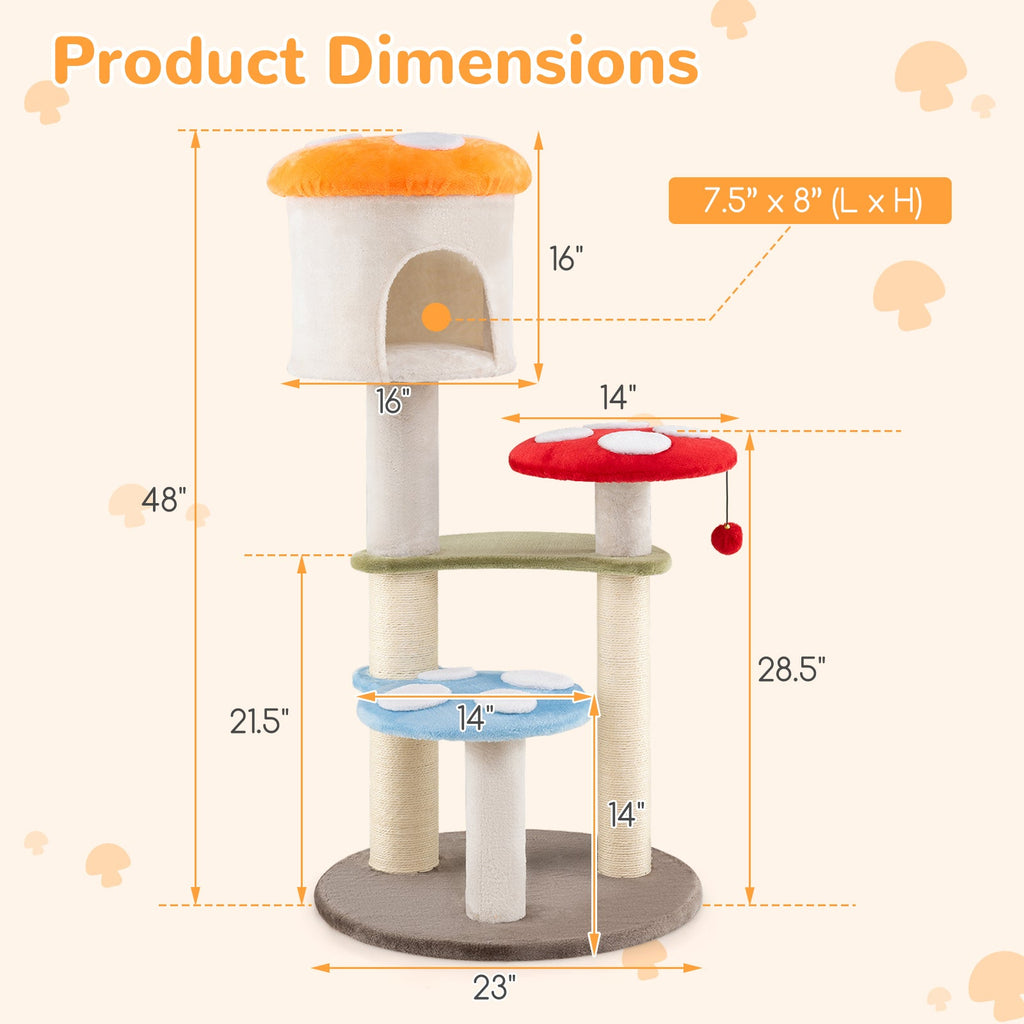 Cute Mushroom Cat Tree with Sisal Scratching Posts Top Condo and Padded Platforms-Multicolor - Majestic Pet Kingdom