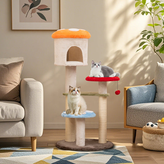 Cute Mushroom Cat Tree with Sisal Scratching Posts Top Condo and Padded Platforms-Multicolor - Majestic Pet Kingdom