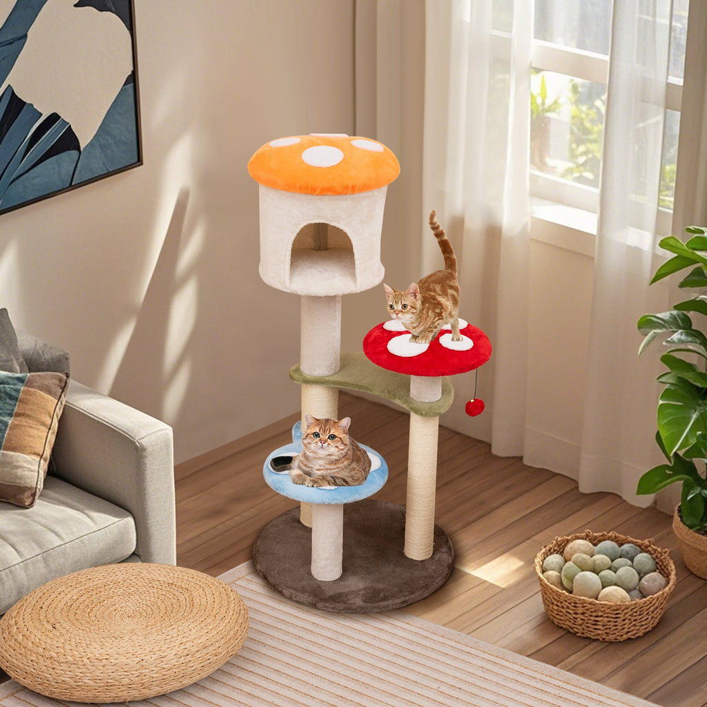 Cute Mushroom Cat Tree with Sisal Scratching Posts Top Condo and Padded Platforms-Multicolor - Majestic Pet Kingdom