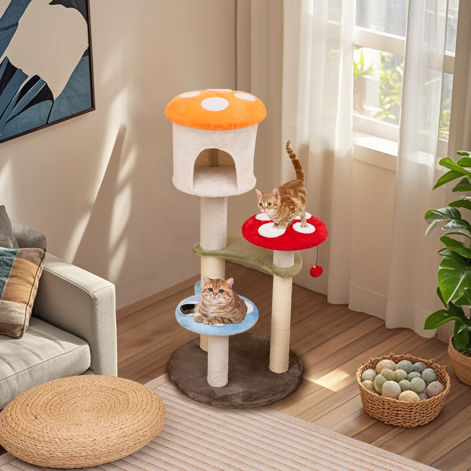 Cute Mushroom Cat Tree with Sisal Scratching Posts Top Condo and Padded Platforms-Multicolor - Majestic Pet Kingdom