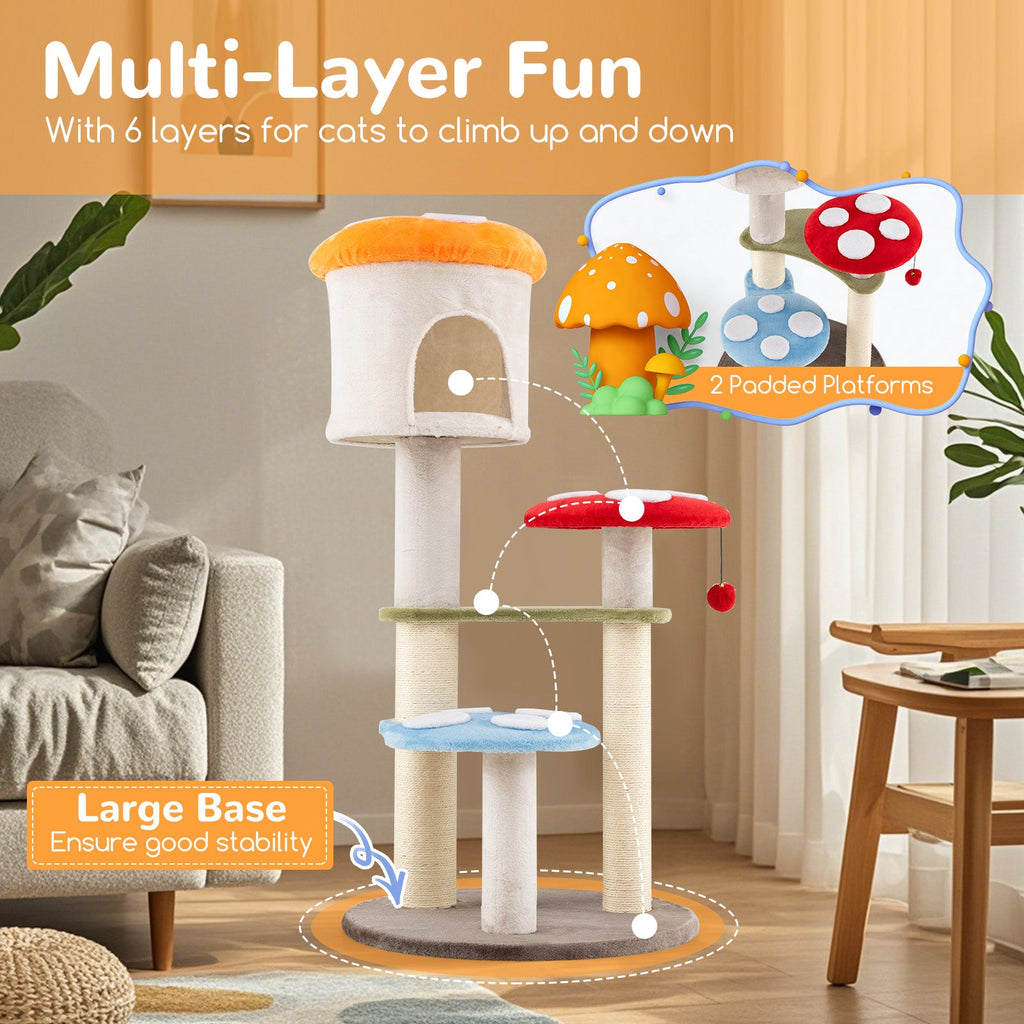 Cute Mushroom Cat Tree with Sisal Scratching Posts Top Condo and Padded Platforms-Multicolor - Majestic Pet Kingdom