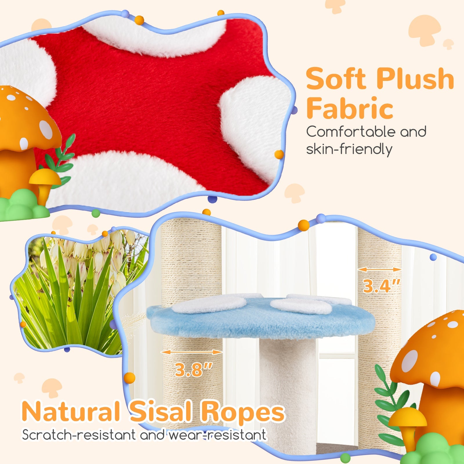 Cute Mushroom Cat Tree with Sisal Scratching Posts Top Condo and Padded Platforms-Multicolor - Majestic Pet Kingdom