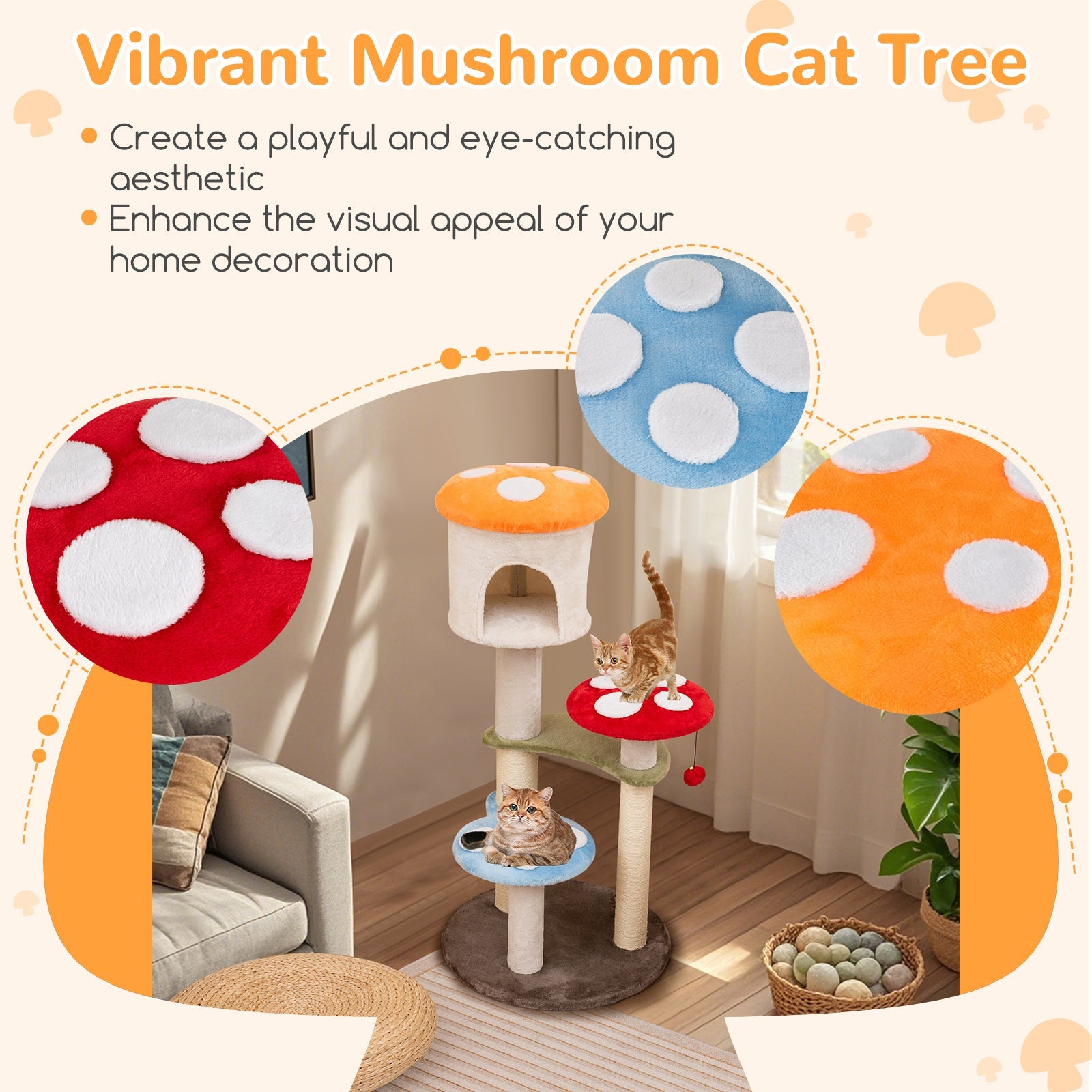 Cute Mushroom Cat Tree with Sisal Scratching Posts Top Condo and Padded Platforms-Multicolor - Majestic Pet Kingdom