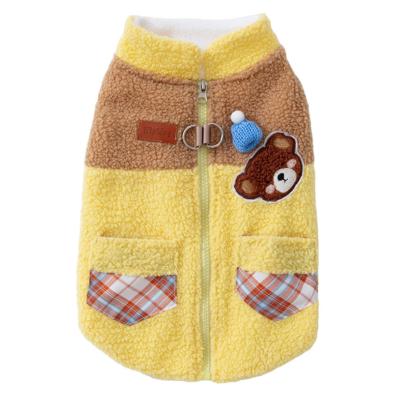 Cute Bear Embroidered Pet Fleece Jacket With Plaid Pockets, Warm Zippered Dog Coat With Leash Ring For Small Dogs - Majestic Pet Kingdom