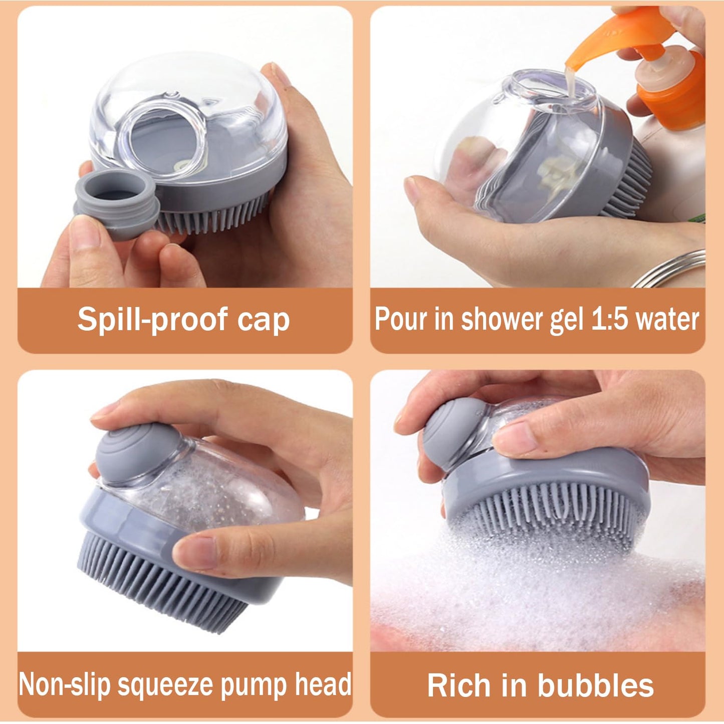 Pet Bath Brush 2-in-1 Silicone Shampoo Dispenser Grooming