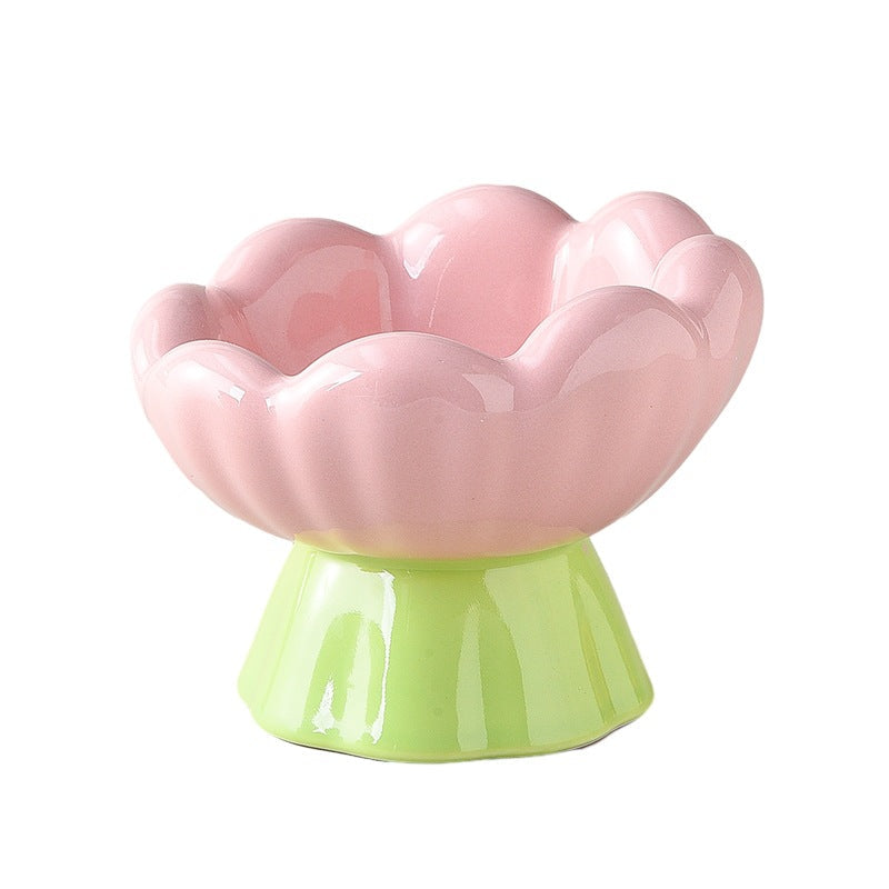 Ceramic Raised Cat Bowl Shallow Wide, Anti-Vomiting And Whisker Fatigue, Non-Slip, Tilted Cute Flower Cat Food And Water Bowls For Indoor Cats, Pink