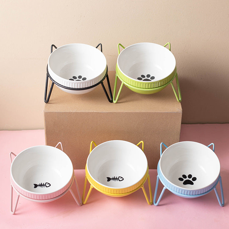 Ceramic Pet Bowl High Foot Neck Protection Snacks Anti-black Chin Oblique Mouth - Majestic Pet Kingdom