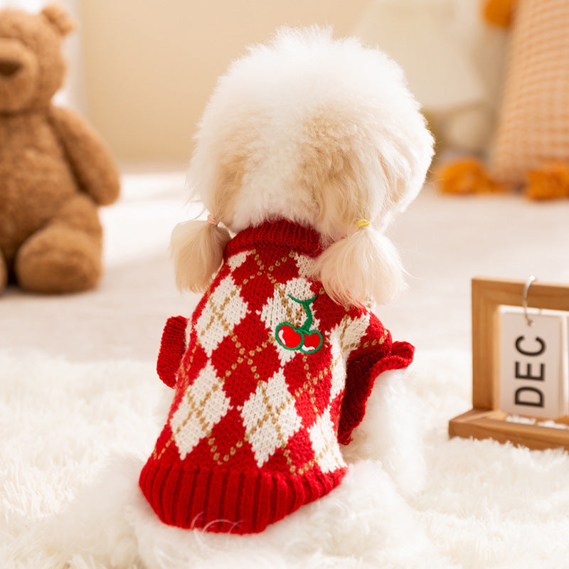 Thick And Warm Diamond-shaped Embroidered Cherry Small Flying Sleeve Sweaters For Dogs In Autumn And Winter, As Well As Pet Clothes For Small And Medium-sized Dogs And Cats