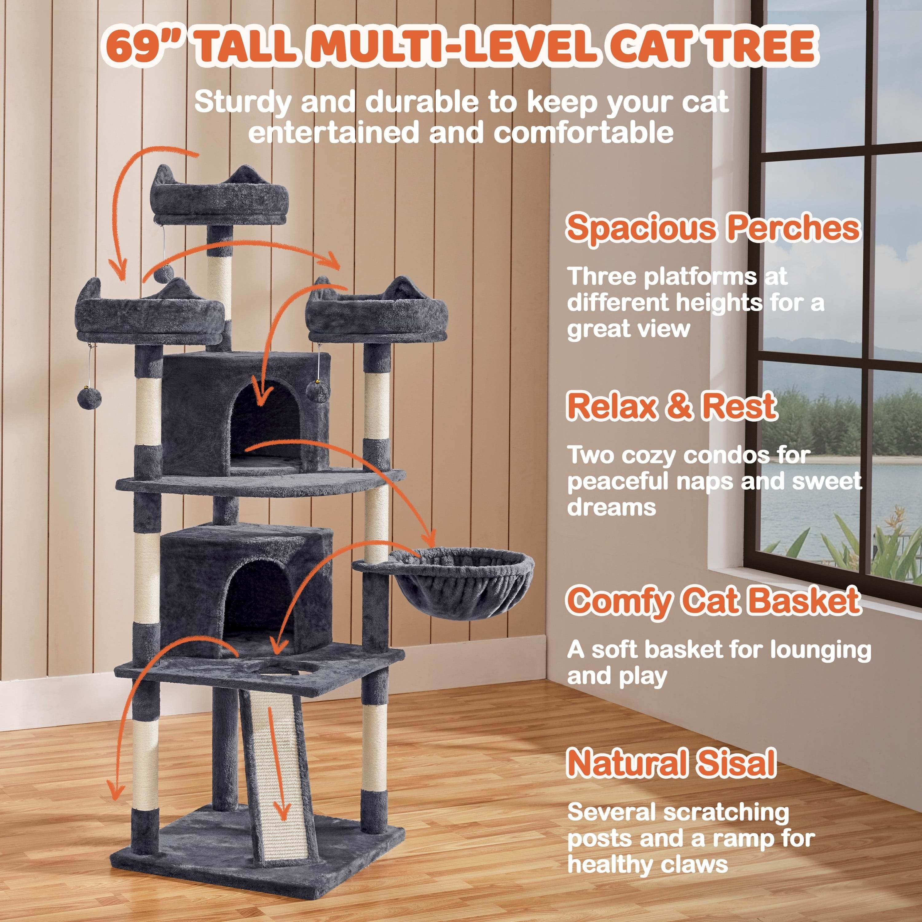 Renwick 69in Large Cat Tree Tower with Condos &amp; Scratching Board - Dark Gray - Majestic Pet Kingdom