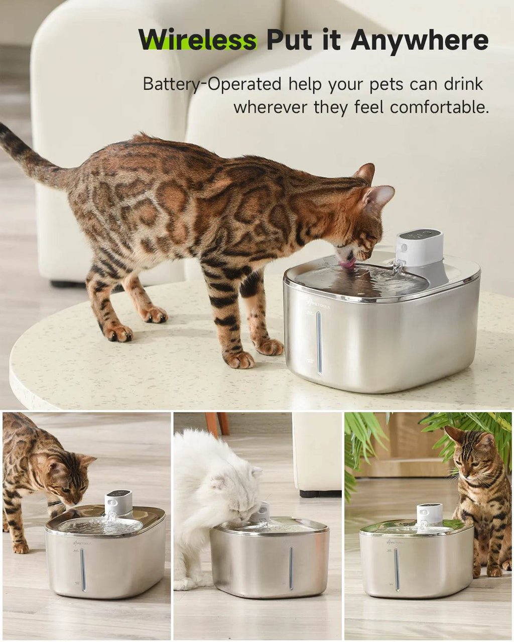 4L Wireless Cat Water Fountain - Auto Sensor Pet Drinking Fountain with Battery | Stainless Steel Cordless Water Dispenser for Dogs & Cats - Majestic Pet Kingdom