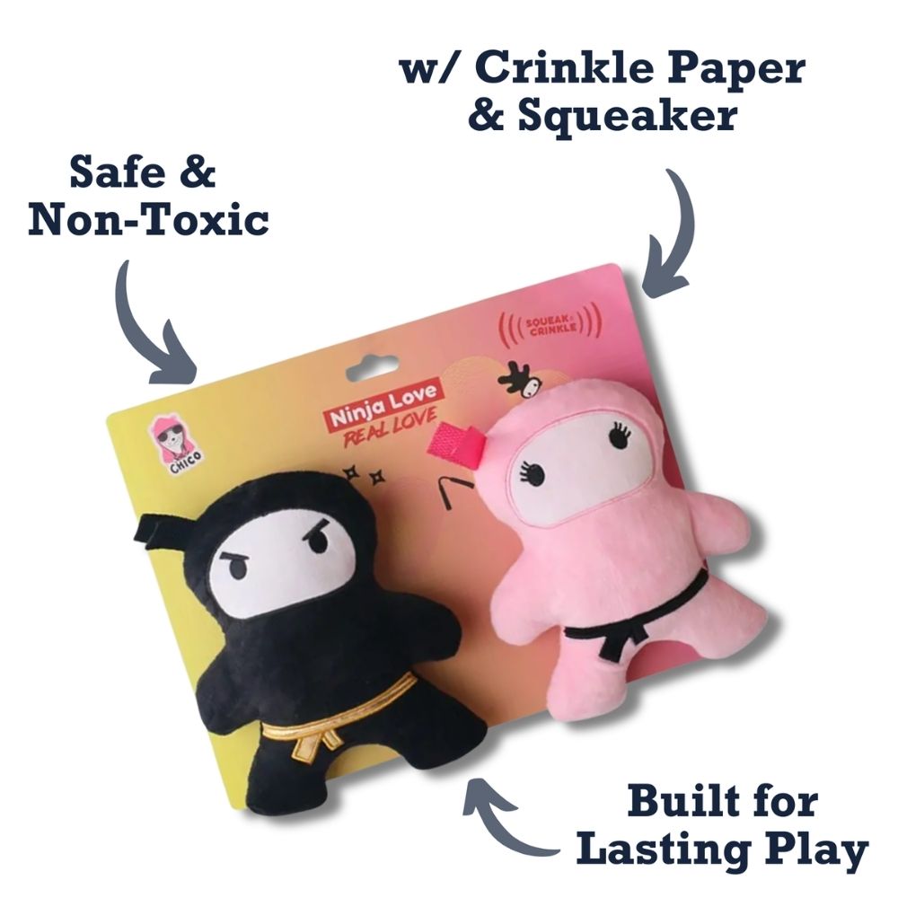 Dog Plush Toy Set Ninja Love Squeaker Crinkle Sound 2-Pack - Detail Angle 5 | Majestic Pet Kingdom