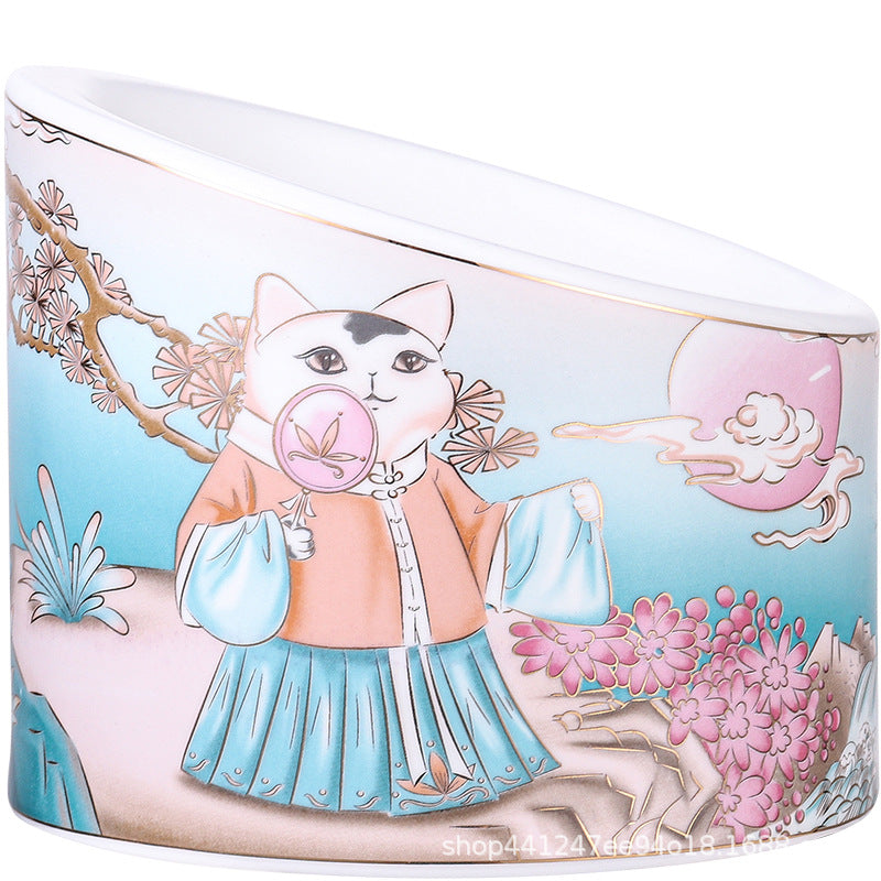 Chinese Style Ceramic Cat Bowl High Leg Double Bowl Oblique Mouth - Majestic Pet Kingdom