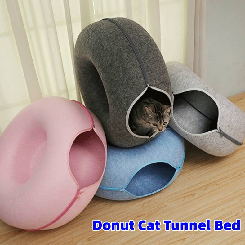 Cat Tunnel Bed Donut Shape Natural Wool Felt Cave House Toy - Majestic Pet Kingdom