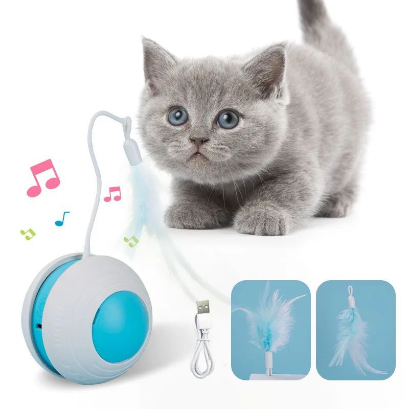 Cat Toy Electric Irregular Rolling Tumbler Feather Teaser Ball - Main Feature View | Majestic Pet Kingdom