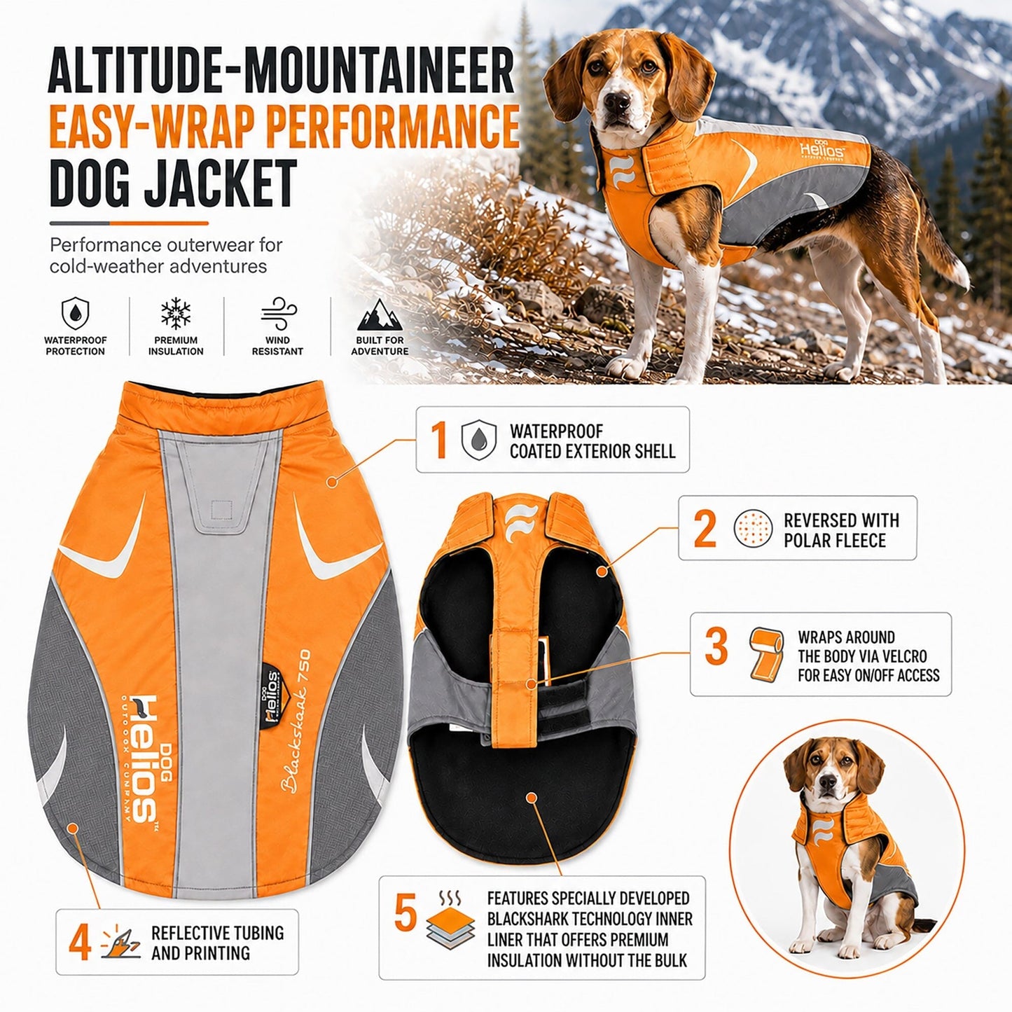 Dog Helios ® Altitude-Mountaineer Wrap-Hook-and-Loop Waterproof Dog Coat