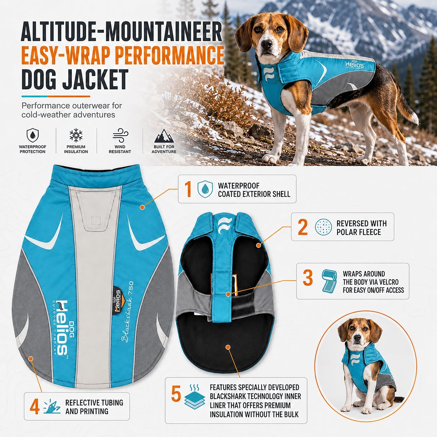 Dog Helios ® Altitude-Mountaineer Wrap-Hook-and-Loop Waterproof Dog Coat