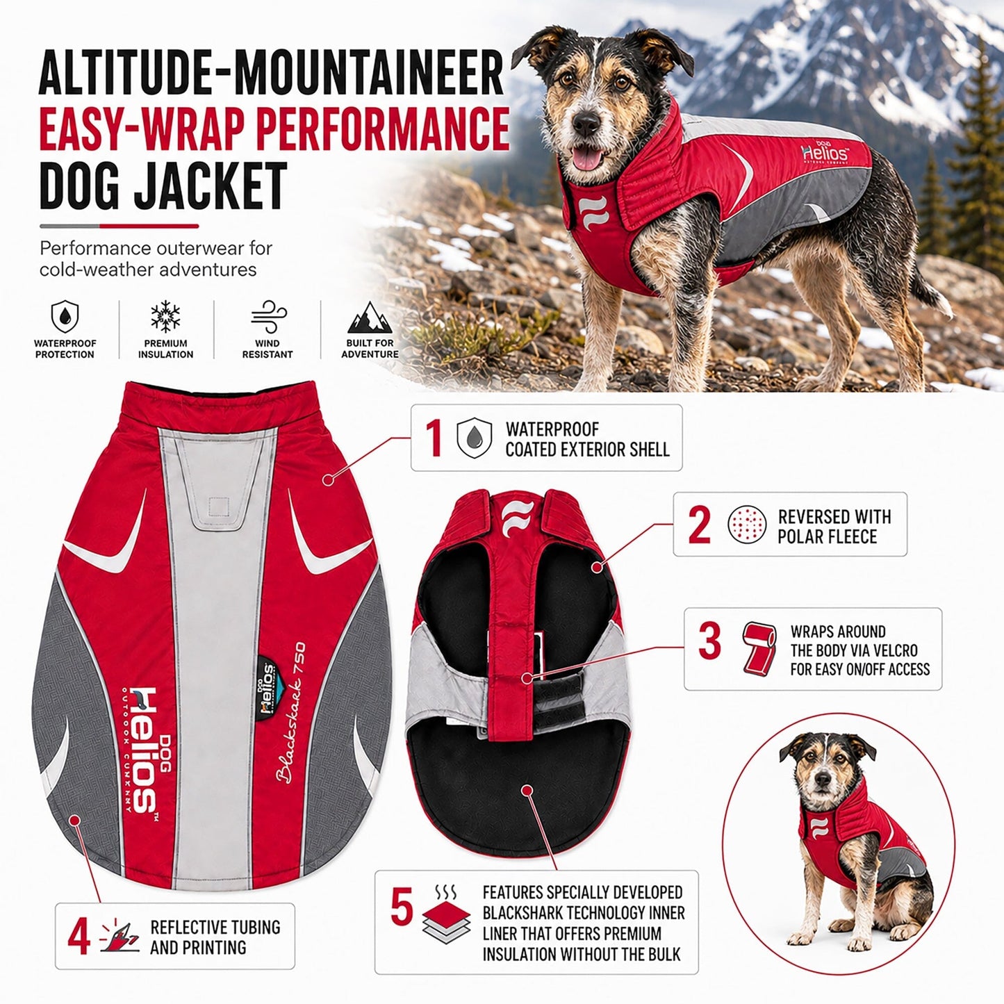 Dog Helios ® Altitude-Mountaineer Wrap-Hook-and-Loop Waterproof Dog Coat