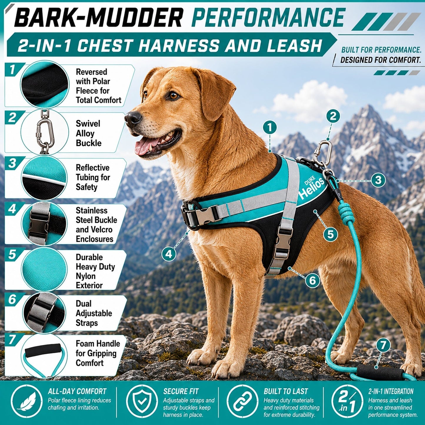 Dog Helios ® 'Bark-Mudder' 2-in-1 Reflective and Adjustable Sporty Dog Harness and Leash