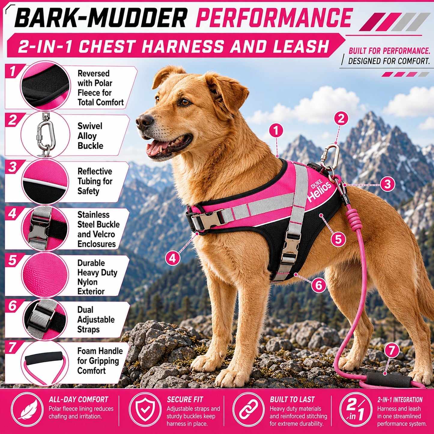 Dog Helios ® 'Bark-Mudder' 2-in-1 Reflective and Adjustable Sporty Dog Harness and Leash