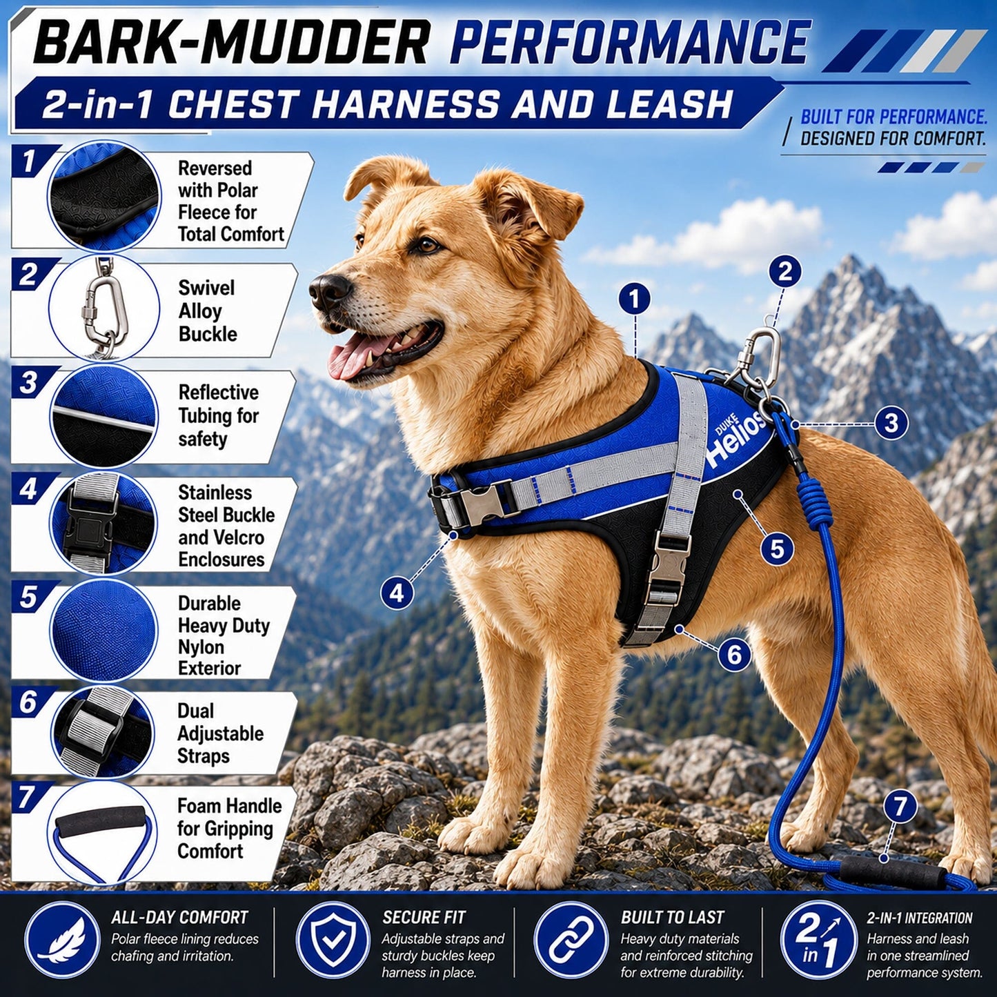 Dog Helios ® 'Bark-Mudder' 2-in-1 Reflective and Adjustable Sporty Dog Harness and Leash