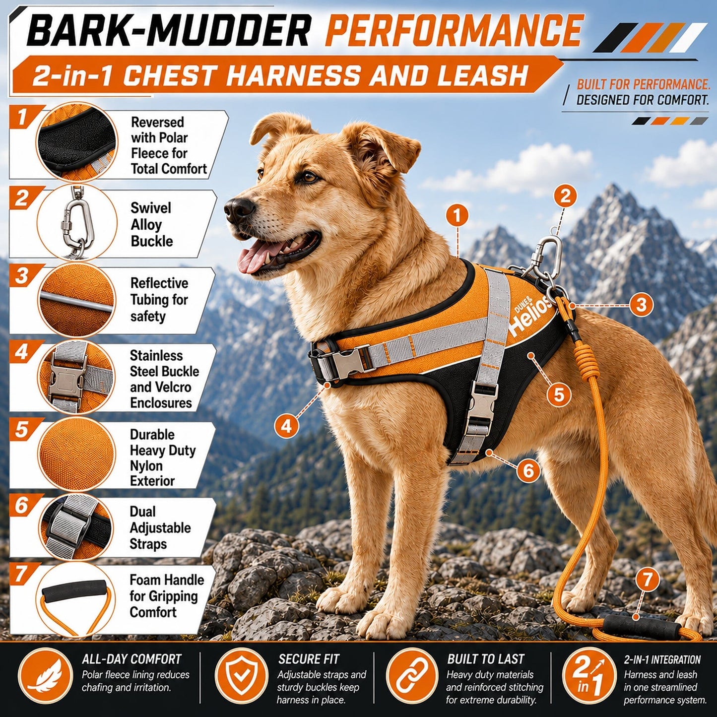 Dog Helios ® 'Bark-Mudder' 2-in-1 Reflective and Adjustable Sporty Dog Harness and Leash