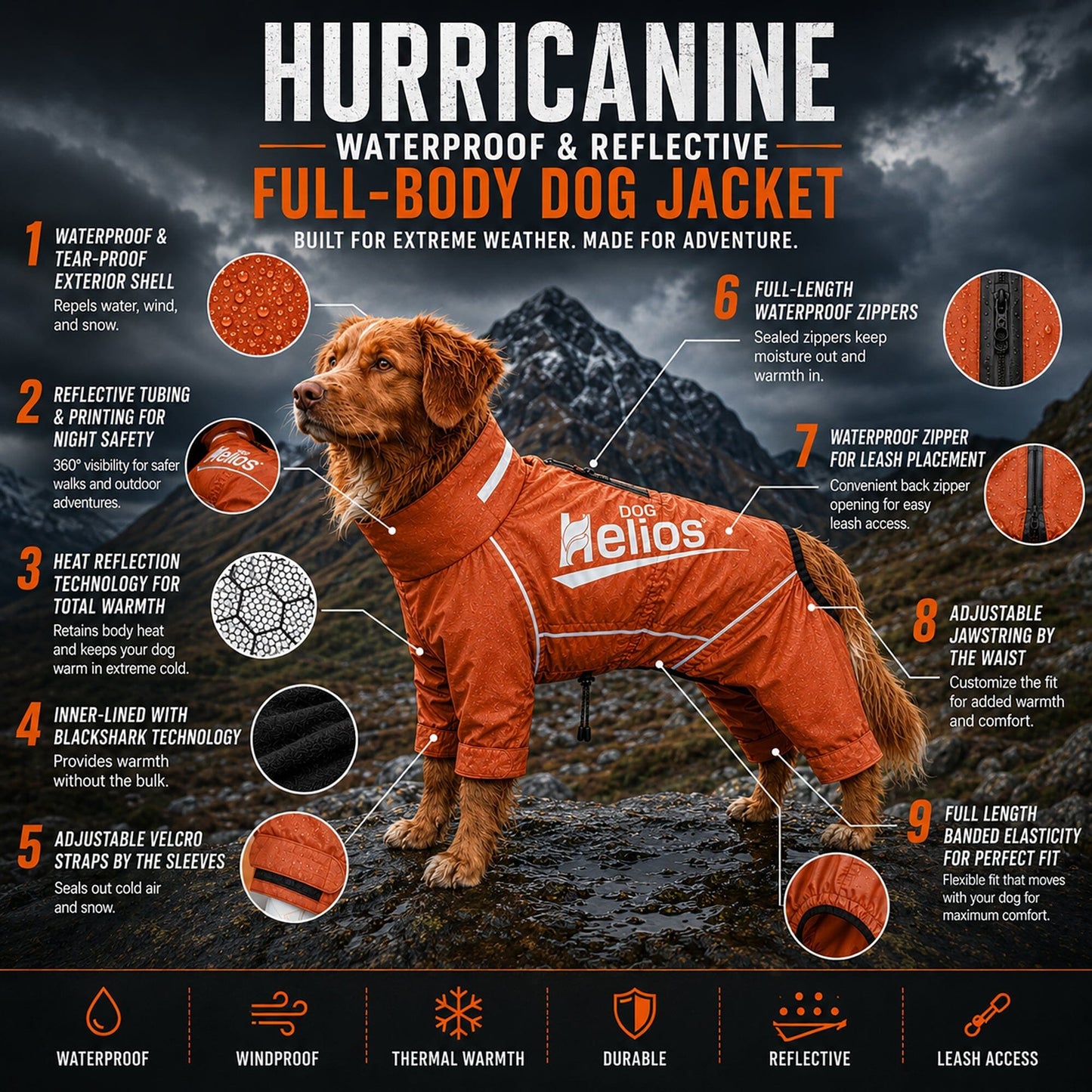 Dog Helios ® 'Hurricanine' Waterproof and Reflective Full Body Dog Coat