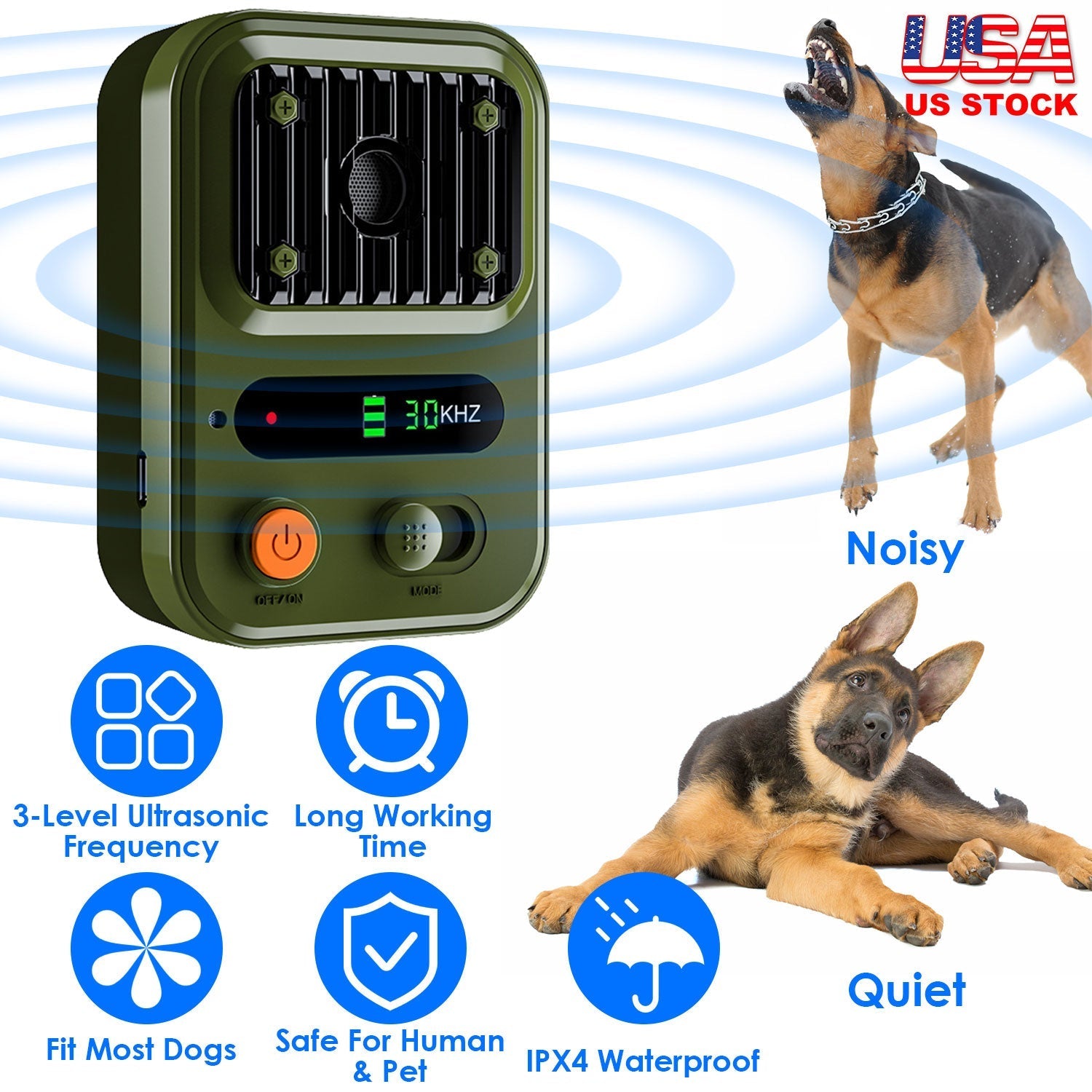 Ultrasonic Anti-Barking Device Rechargeable Auto Dog Bark Control Deterrent Box Training Device IPX4 Waterproof with 3 Frequency Max 32.8Feet Sensing - Majestic Pet Kingdom