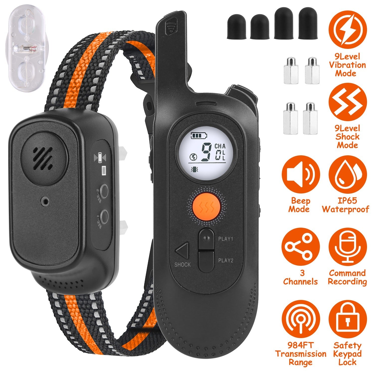 984FT Dog Training Collar IP65 Waterproof Pet Beep Vibration Electric Shock Collar 3 Channels Rechargeable Transmitter Receiver Trainer with Recording - Majestic Pet Kingdom
