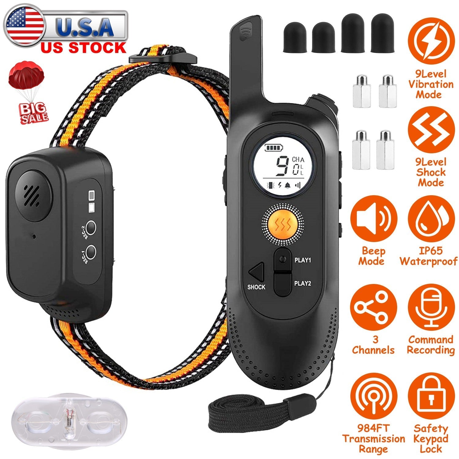 984FT Dog Training Collar IP65 Waterproof Pet Beep Vibration Electric Shock Collar 3 Channels Rechargeable Transmitter Receiver Trainer with Recording - Majestic Pet Kingdom