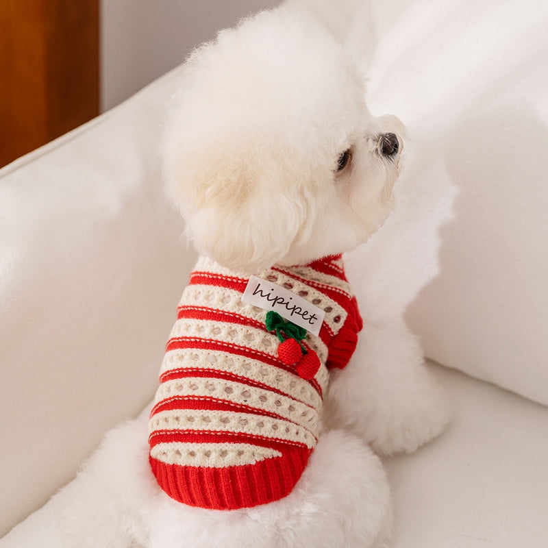 Autumn And Winter Dog Clothing, Warm, Hollowed-out Knitted Cherry Small Dog, Teddy Bichon, Cat Sweater, Pet Clothing - Majestic Pet Kingdom