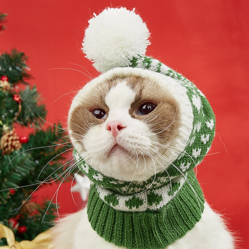 Christmas New Atmosphere Love Snowflake Elk Printing Knitted Warm Pet Dog Cat Fur Ball Hat - Majestic Pet Kingdom
