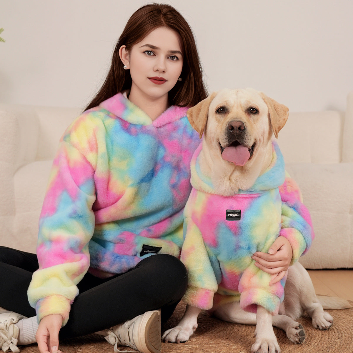 Dog Hoodie Tie-Dye Rainbow Faux Rabbit Fur Warm Winter Coat - Main Feature View | Majestic Pet Kingdom