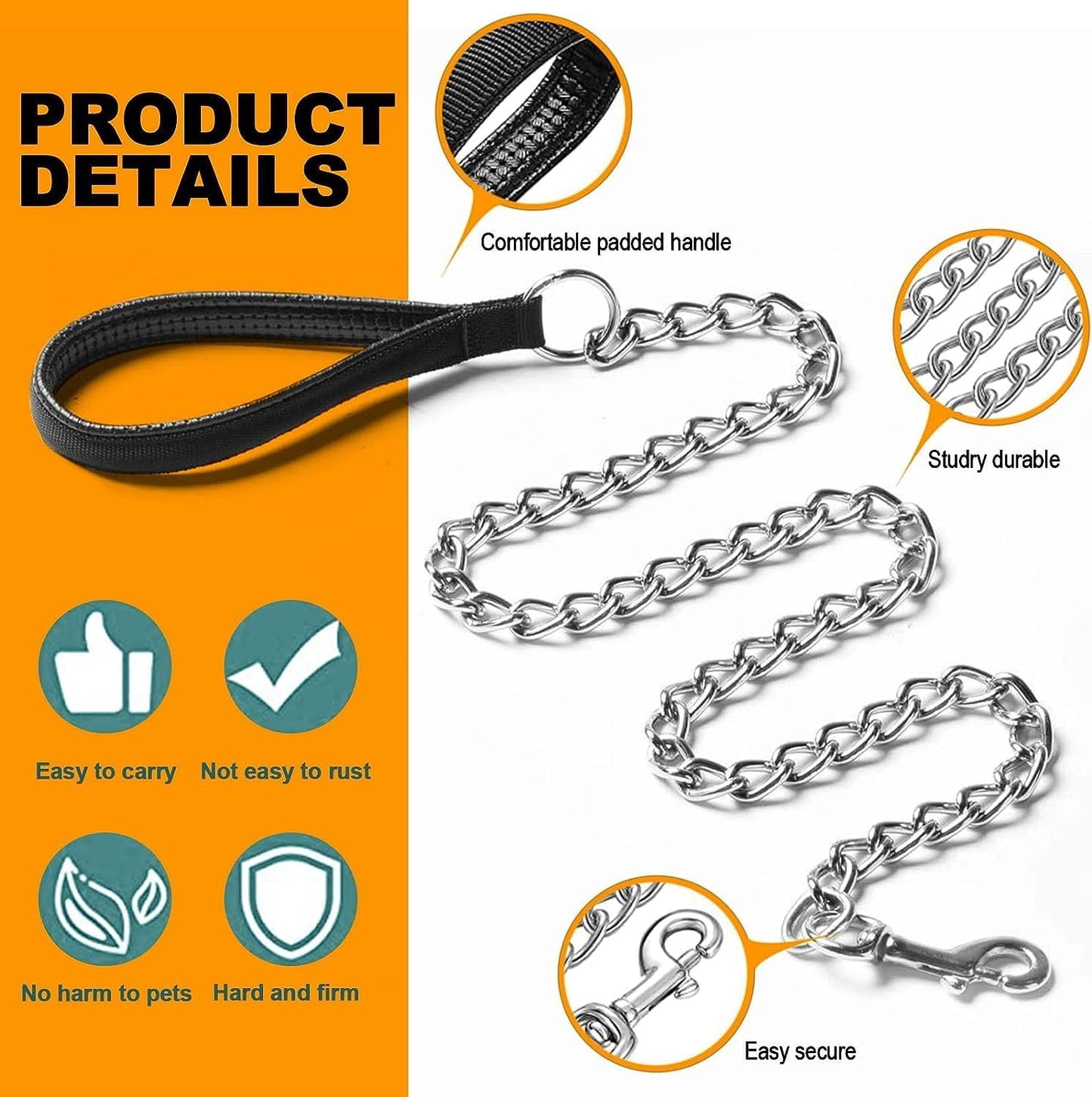 Dog Leash Metal Chain Chew-Proof Padded Handle Lead Heavy