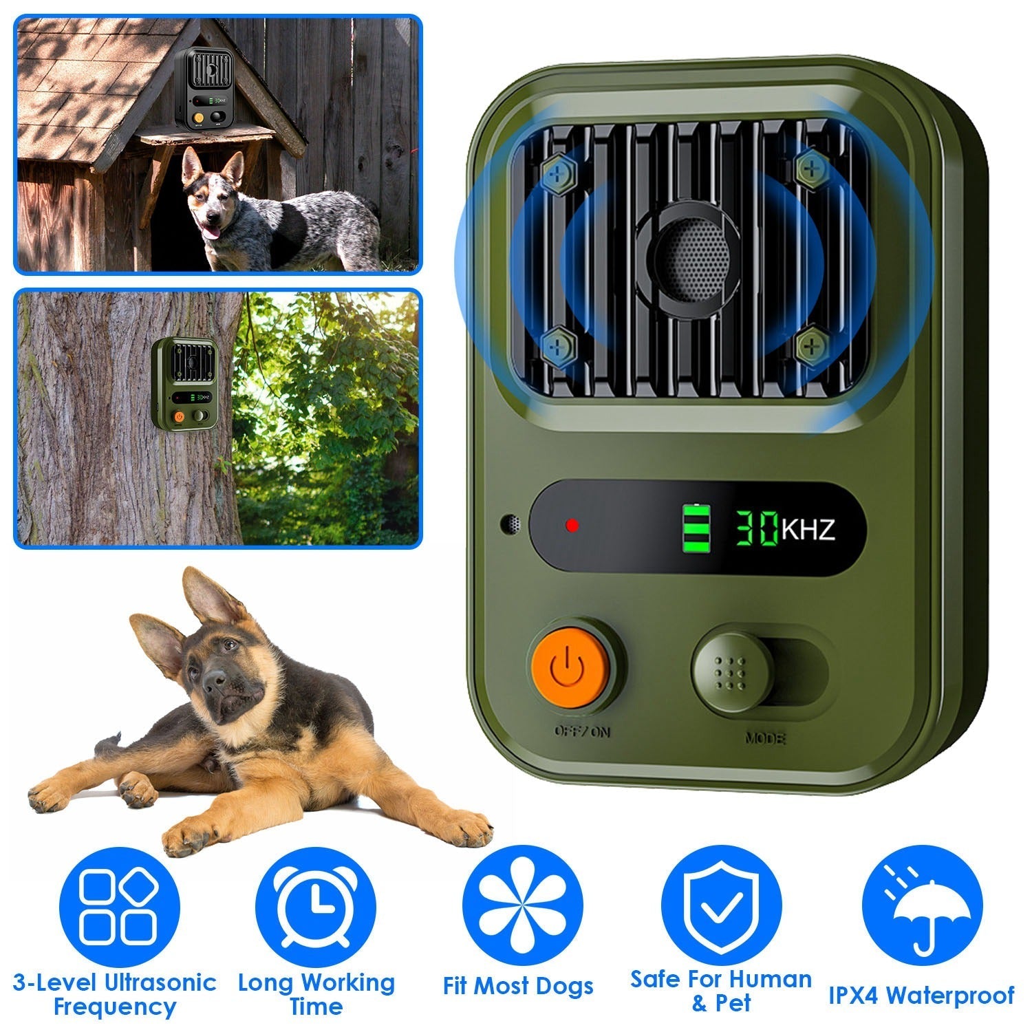 Ultrasonic Anti-Barking Device Rechargeable Auto Dog Bark Control Deterrent Box Training Device IPX4 Waterproof with 3 Frequency Max 32.8Feet Sensing - Majestic Pet Kingdom