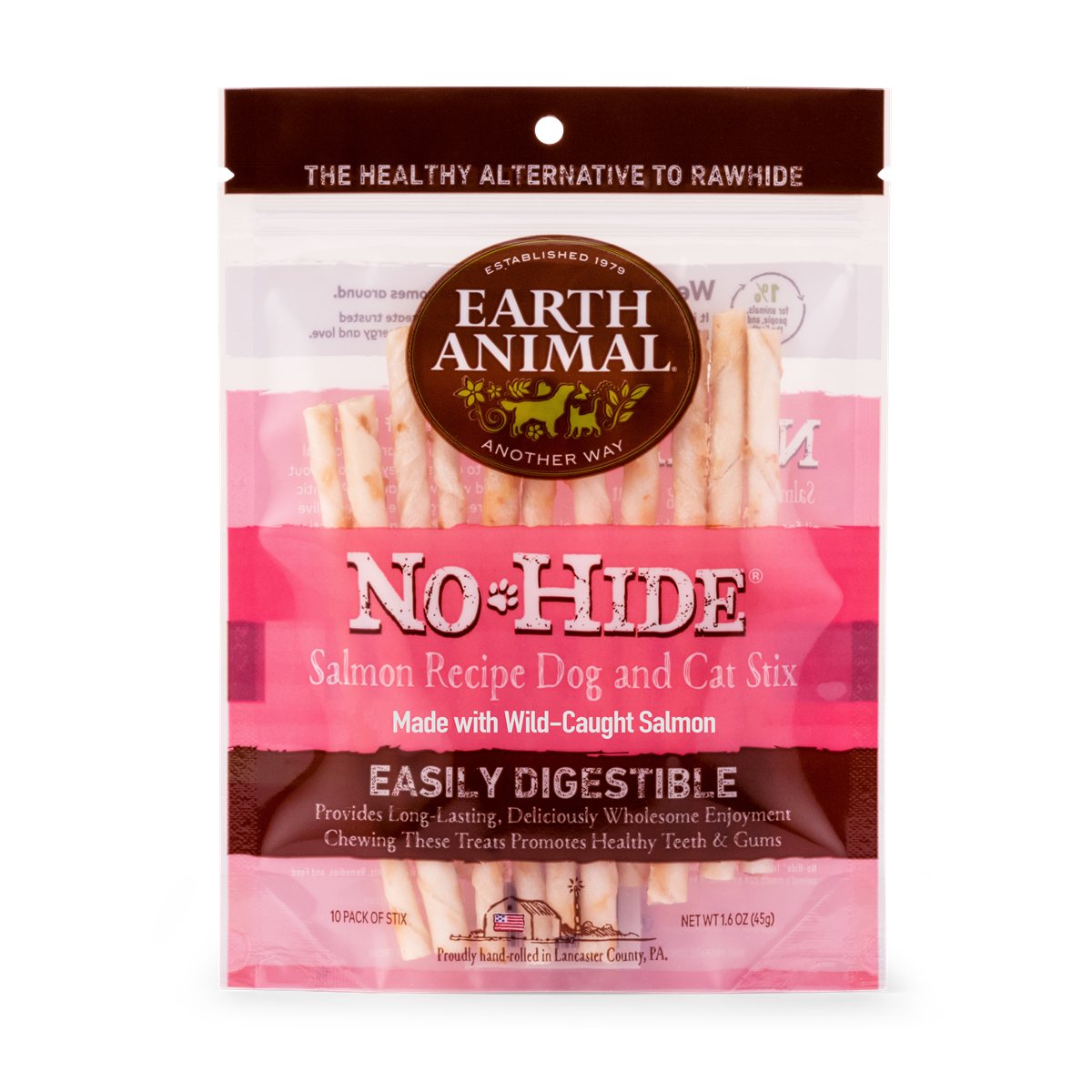 Dog Chews Earth Animal No-Hide Salmon Pet Stix Chews 10-Pack